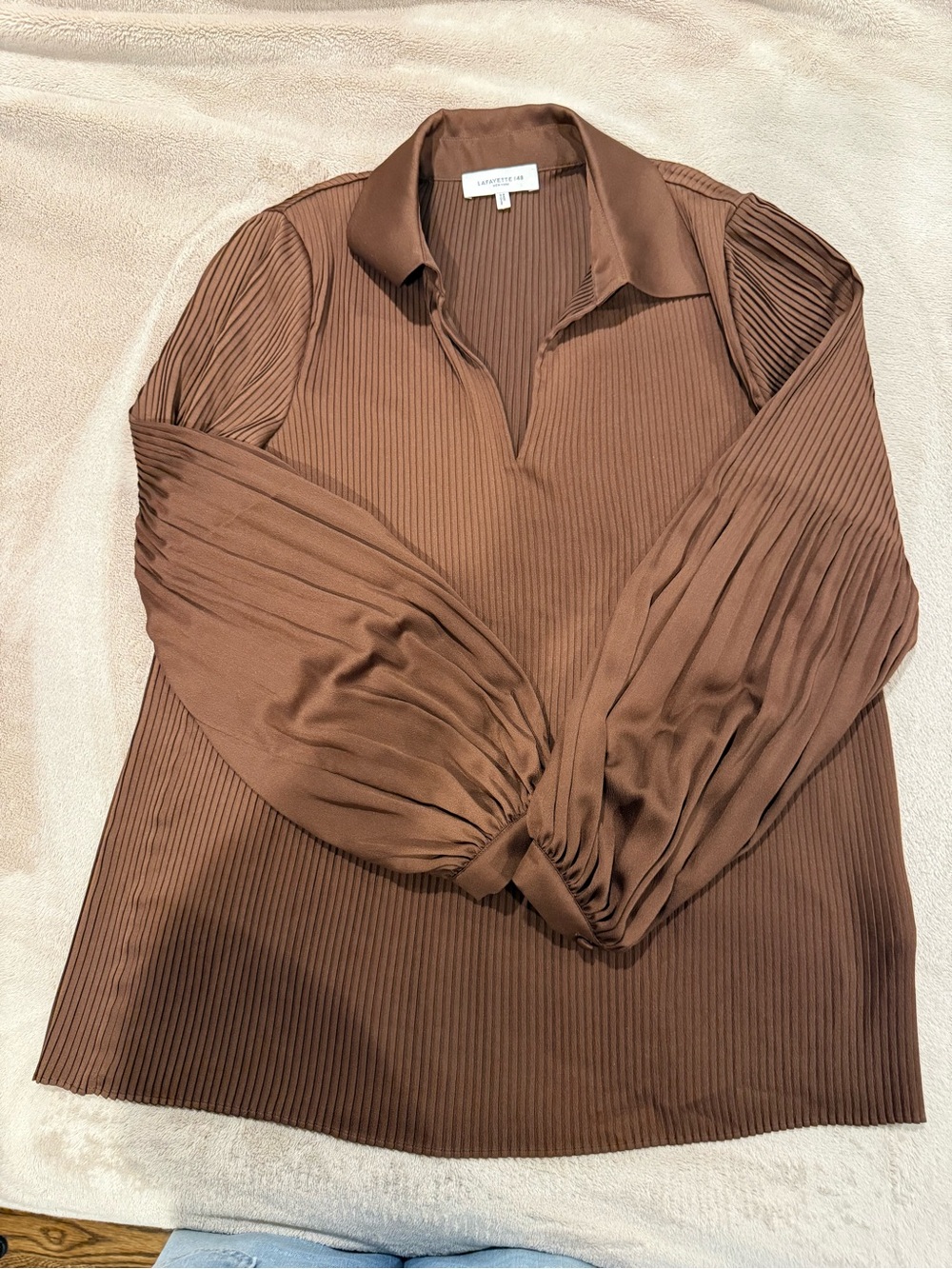 Lafayette 148 New York Chocolate Brown Pleated Collared Blouse